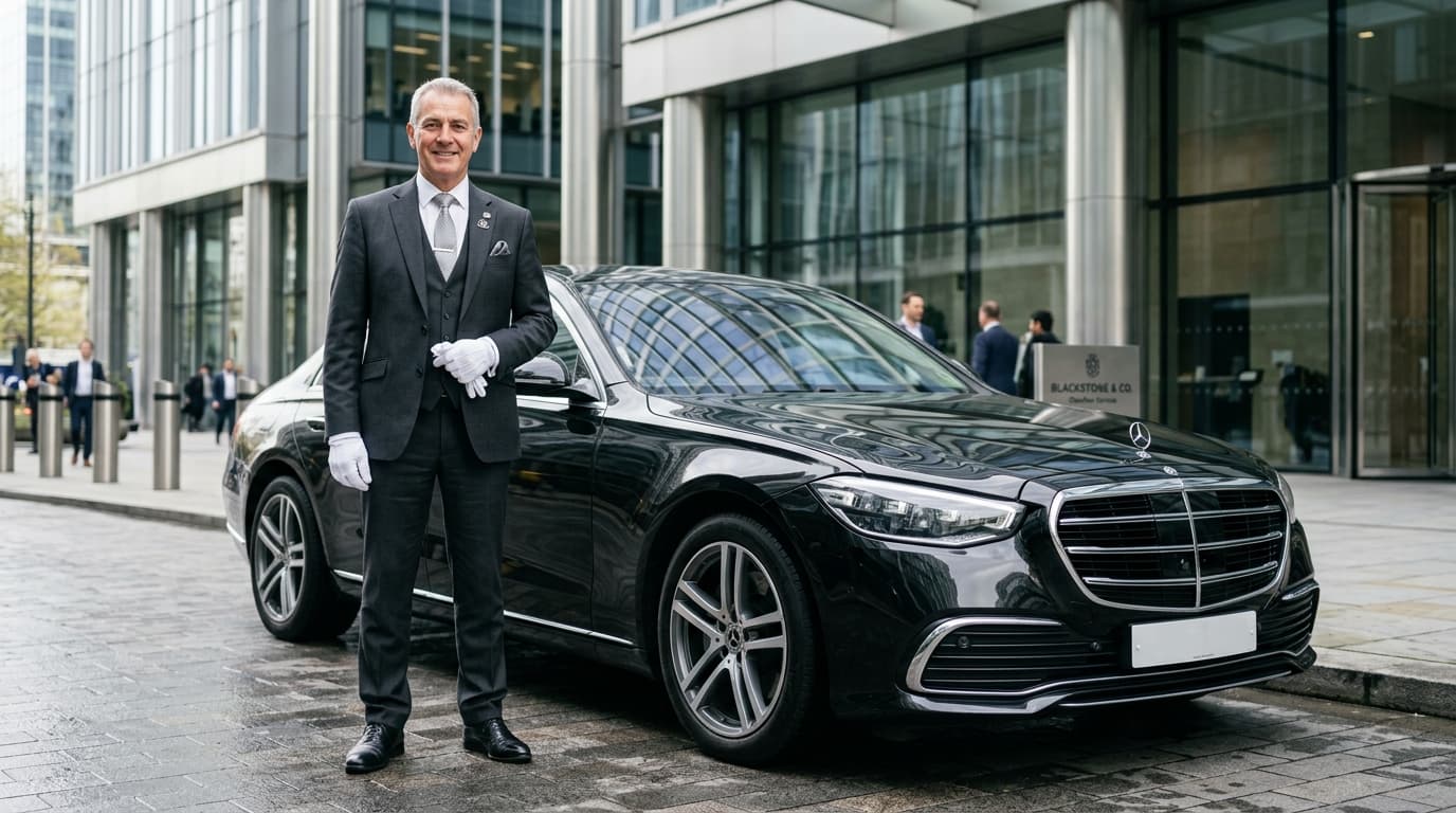 LimoCrest executive chauffeur greeting passenger at airport arrival