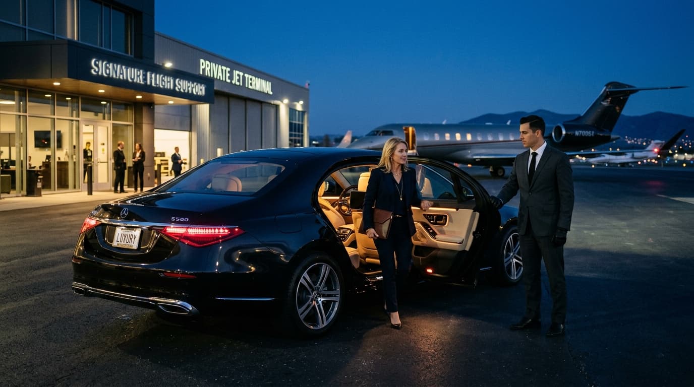 LimoCrest executive chauffeur service — luxury sedan and private aviation terminal